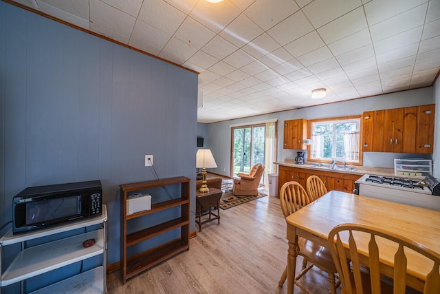 23546 Warbler Way Unit C7, Detroit Lakes, MN 56501 - kitchen with black microwave, brown cabinetry, light wood-style floors, light countertops, and white range with gas stovetop