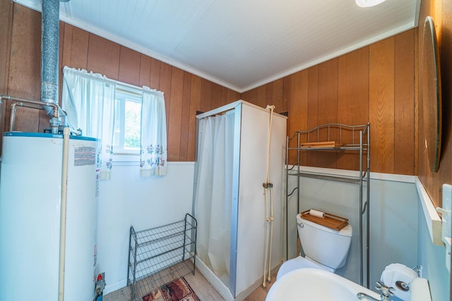 23546 Warbler Way Unit C7, Detroit Lakes, MN 56501 - bathroom featuring gas water heater, wooden walls, and a shower stall