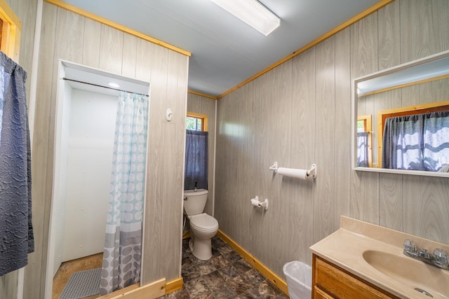 23546 Warbler Way Unit C7, Detroit Lakes, MN 56501 - bathroom with vanity, a shower with shower curtain, and wood walls