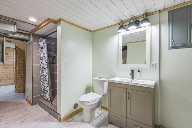 3331 34th Ave S, Minneapolis, MN 55406 - bathroom with marble look tile flooring, vanity, ornamental molding, a stall shower, and wood ceiling
