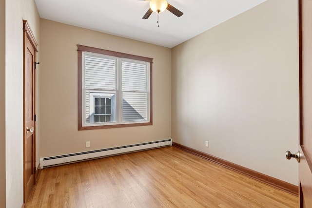 704-706 Holly Ave, Saint Paul, MN 55104 - unfurnished bedroom with baseboard heating, light wood-style floors, and ceiling fan