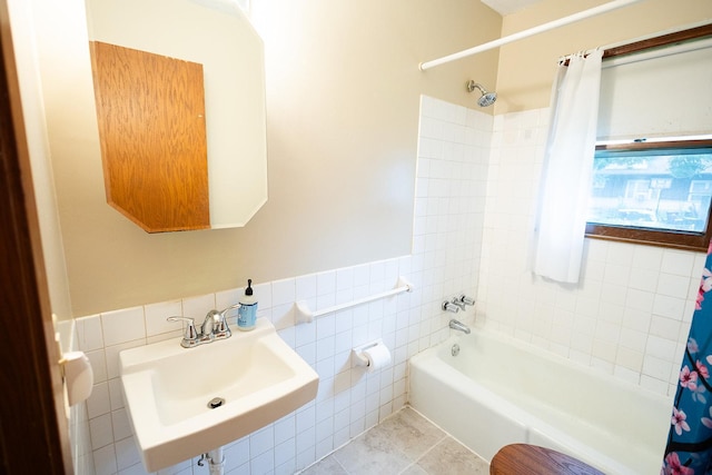 1611 Taylor Ave W, Saint Paul, MN 55104 - full bath with tile walls, shower / bath combination with curtain, tile patterned flooring, and a wainscoted wall