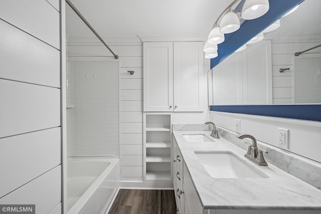 3308 Chippewa Rd, Minnetonka, MN 55305 - full bath featuring wood finished floors, shower / washtub combination, and double vanity