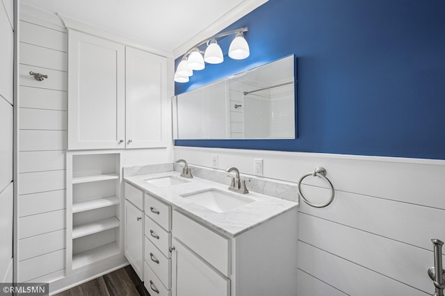 3308 Chippewa Rd, Minnetonka, MN 55305 - full bathroom featuring double vanity and wood finished floors