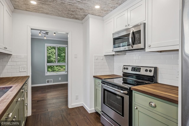 3308 Chippewa Rd, Minnetonka, MN 55305 - kitchen featuring wood counters, stainless steel appliances, crown molding, green cabinets, and dark wood finished floors