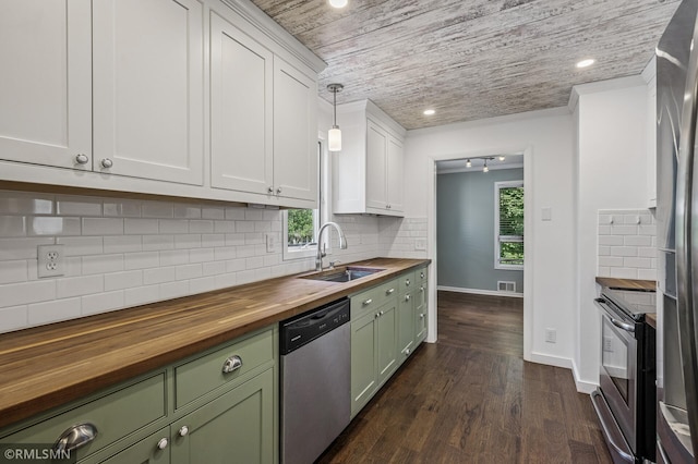 3308 Chippewa Rd, Minnetonka, MN 55305 - kitchen featuring butcher block counters, appliances with stainless steel finishes, green cabinetry, wood ceiling, and white cabinets
