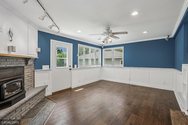 3308 Chippewa Rd, Minnetonka, MN 55305 - unfurnished living room featuring ceiling fan, dark wood-type flooring, wainscoting, ornamental molding, and recessed lighting