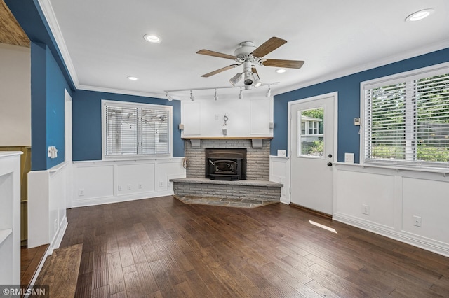 3308 Chippewa Rd, Minnetonka, MN 55305 - unfurnished living room featuring ornamental molding, a wainscoted wall, a ceiling fan, dark wood finished floors, and a decorative wall