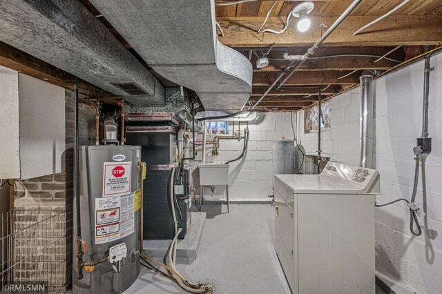 3308 Chippewa Rd, Minnetonka, MN 55305 - unfinished basement featuring gas water heater, washing machine and clothes dryer, and heating unit