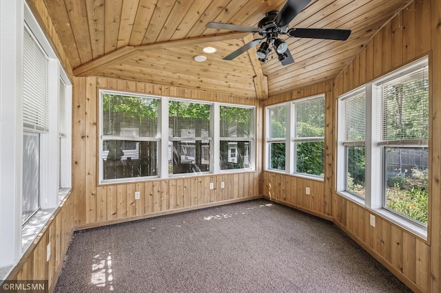 3308 Chippewa Rd, Minnetonka, MN 55305 - unfurnished sunroom featuring wood walls, vaulted ceiling, wooden ceiling, and carpet flooring