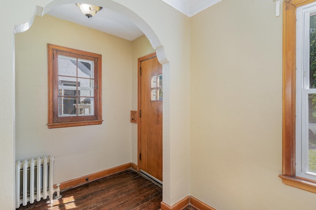 4340 Oakland Ave, Minneapolis, MN 55407 - entrance foyer with radiator, dark wood finished floors, healthy amount of natural light, and arched walkways