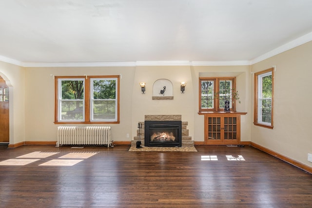 4340 Oakland Ave, Minneapolis, MN 55407 - unfurnished living room with radiator heating unit, plenty of natural light, wood finished floors, and crown molding