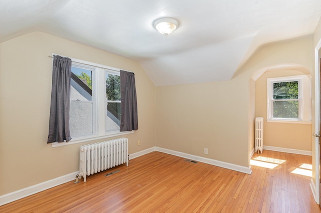 4340 Oakland Ave, Minneapolis, MN 55407 - bonus room featuring radiator, lofted ceiling, light wood finished floors, and arched walkways