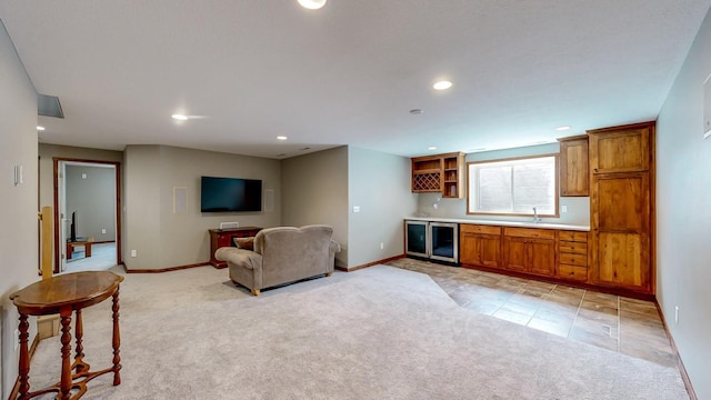 1404 8th St NW, Kasson, MN 55944 - living room with a bar, recessed lighting, light carpet, and wine cooler