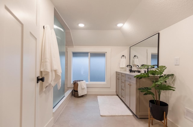 212 Diamond Lake Rd, Minneapolis, MN 55419 - full bath featuring vanity, a shower, recessed lighting, and vaulted ceiling