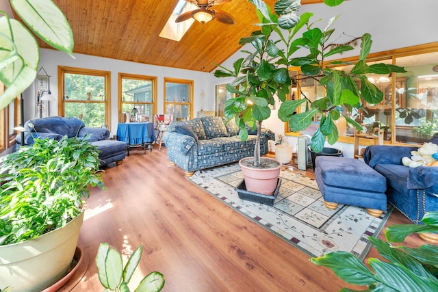 39665 8th Ave, North Branch, MN 55056 - living room featuring wood finished floors, lofted ceiling, ceiling fan, and a skylight