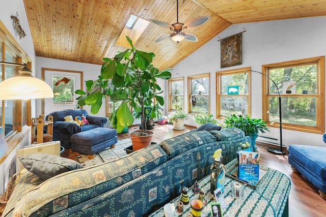39665 8th Ave, North Branch, MN 55056 - living room featuring wooden ceiling, a ceiling fan, wood finished floors, plenty of natural light, and high vaulted ceiling