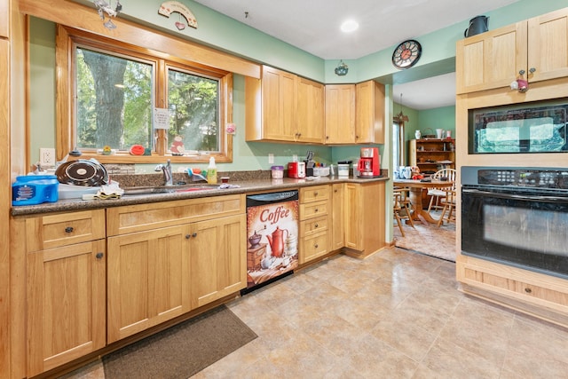 39665 8th Ave, North Branch, MN 55056 - kitchen with black appliances, light brown cabinetry, and dark countertops