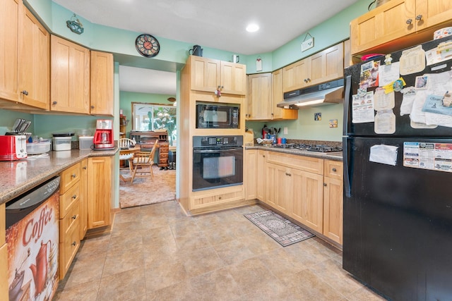 39665 8th Ave, North Branch, MN 55056 - kitchen with black appliances, under cabinet range hood, light brown cabinets, stone counters, and recessed lighting