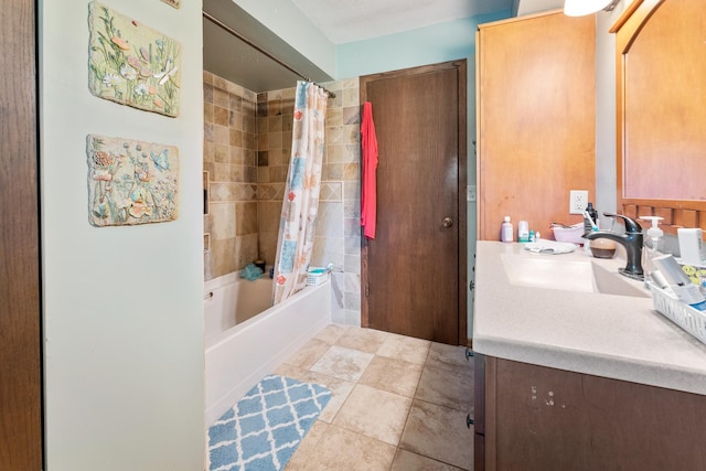 39665 8th Ave, North Branch, MN 55056 - bathroom with vanity, shower / bathtub combination with curtain, and tile patterned flooring