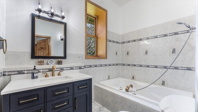8825 Greeley Loop, Royalton Twp, MN 55006 - full bathroom featuring tile walls, a relaxing tiled tub, and vanity
