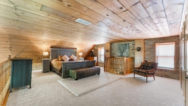 8825 Greeley Loop, Royalton Twp, MN 55006 - bedroom with carpet floors, wooden ceiling, and brick wall