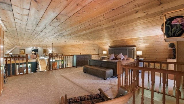 8825 Greeley Loop, Royalton Twp, MN 55006 - bedroom featuring carpet, wood walls, and wood ceiling
