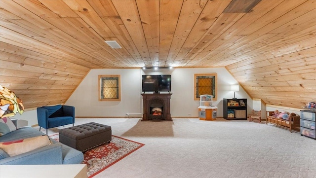 8825 Greeley Loop, Royalton Twp, MN 55006 - carpeted living room featuring wooden ceiling, a warm lit fireplace, and lofted ceiling