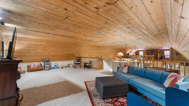 8825 Greeley Loop, Royalton Twp, MN 55006 - living area with wooden ceiling, wood walls, carpet, and lofted ceiling