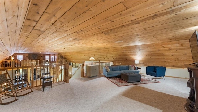 8825 Greeley Loop, Royalton Twp, MN 55006 - carpeted living area featuring wood ceiling, wooden walls, and lofted ceiling