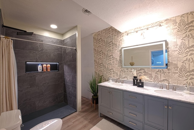 10199 330th St W, Northfield, MN 55057 - bathroom with wallpapered walls, wood finished floors, double vanity, tiled shower, and a textured ceiling