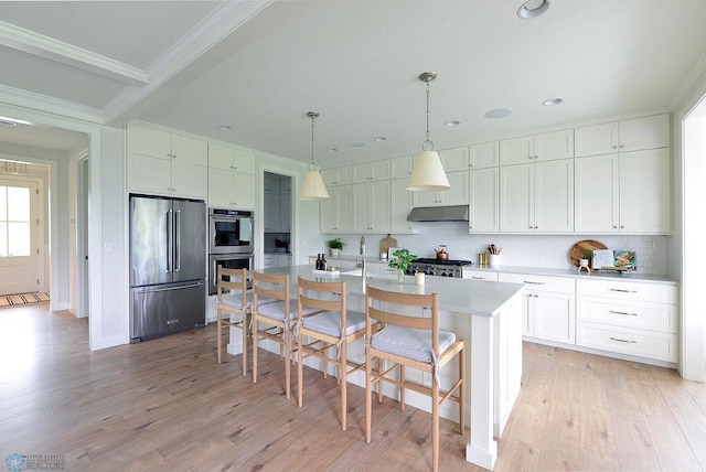 2630 2nd St E, Fargo, ND 58078 - kitchen featuring stainless steel appliances, ornamental molding, decorative backsplash, light wood-style floors, and recessed lighting