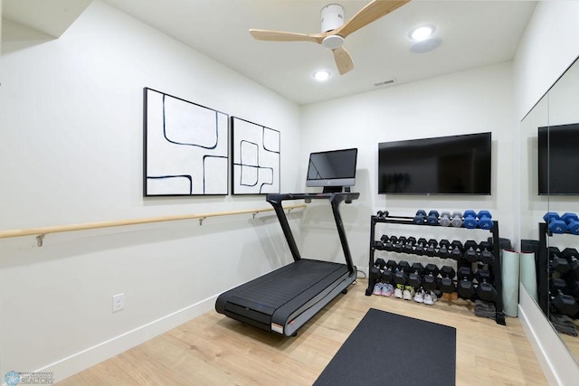 2630 2nd St E, Fargo, ND 58078 - workout area with wood finished floors, ceiling fan, and recessed lighting
