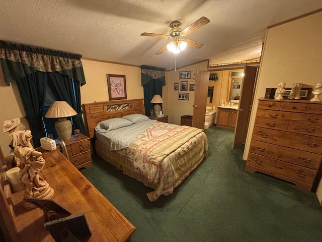 2126 3rd Ave NW Unit 80, Owatonna, MN 55060 - bedroom with dark colored carpet, a textured ceiling, a ceiling fan, and connected bathroom