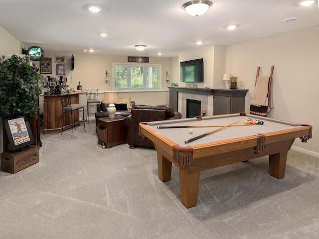13324 Hillsboro Ave, Savage, MN 55378 - playroom featuring light carpet, a tile fireplace, a bar, recessed lighting, and billiards