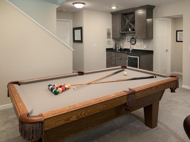 13324 Hillsboro Ave, Savage, MN 55378 - game room featuring bar with sink, wine cooler, carpet flooring, and billiards