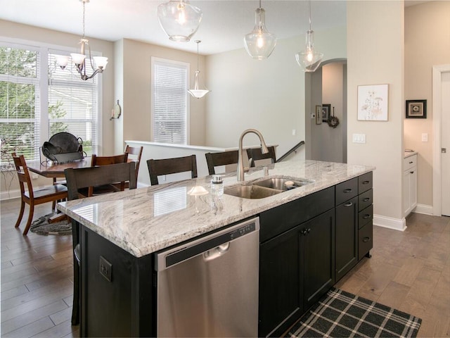 13324 Hillsboro Ave, Savage, MN 55378 - kitchen with dishwasher, dark wood-type flooring, dark cabinetry, and an island with sink