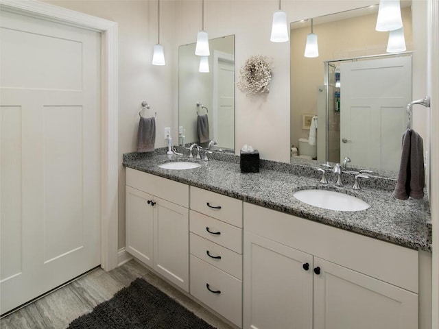 13324 Hillsboro Ave, Savage, MN 55378 - bathroom featuring wood finished floors, double vanity, and a shower with shower door