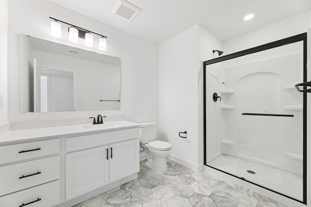 9863 49th St NE, Saint Michael, MN 55376 - bathroom with vanity, a shower stall, marble finish floors, and recessed lighting