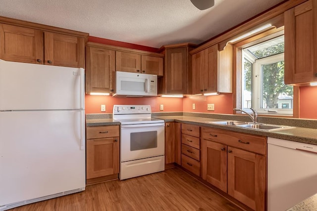 315 Pierce Ave, North Mankato, MN 56003 - kitchen featuring white appliances, light wood-style flooring, dark countertops, brown cabinets, and a textured ceiling