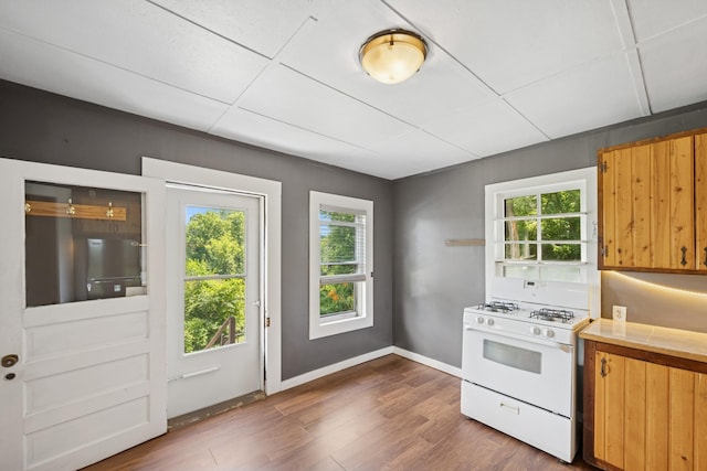 1818 1st St N, Stillwater, MN 55082 - kitchen with white range with gas stovetop, dark wood-style flooring, and healthy amount of natural light