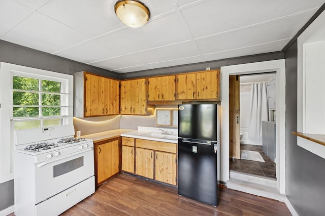 1818 1st St N, Stillwater, MN 55082 - kitchen featuring freestanding refrigerator, white gas stove, light countertops, and dark wood-type flooring