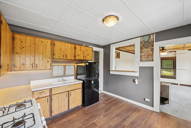 1818 1st St N, Stillwater, MN 55082 - kitchen featuring freestanding refrigerator, white gas range, dark wood-type flooring, and tile counters