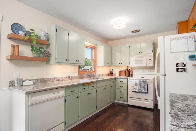 501 Central Ln, Luverne, MN 56156 - kitchen featuring white appliances, dark wood-style floors, and open shelves