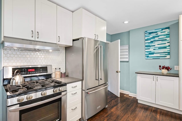 579 36th Ave NE, Minneapolis, MN 55418 - kitchen featuring appliances with stainless steel finishes, under cabinet range hood, backsplash, dark countertops, and white cabinets