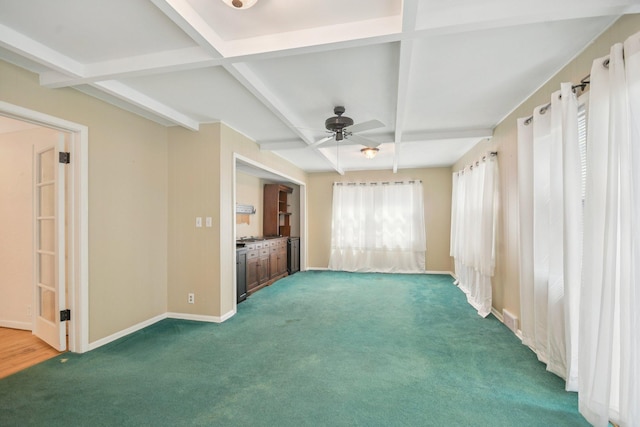 272 Butler Ave E, West Saint Paul, MN 55118 - unfurnished living room featuring a ceiling fan, carpet floors, coffered ceiling, and beamed ceiling