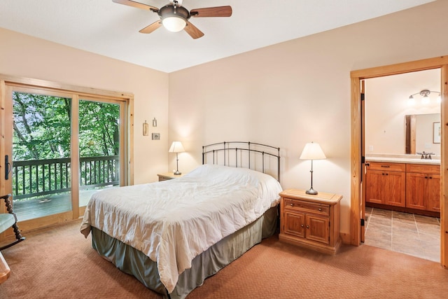 31338 Oasis Rd, Center City, MN 55012 - bedroom featuring light carpet, access to outside, connected bathroom, and ceiling fan