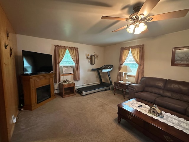 406 State 6 S, Remer, MN 56672 - carpeted living area with ceiling fan, cooling unit, and a fireplace