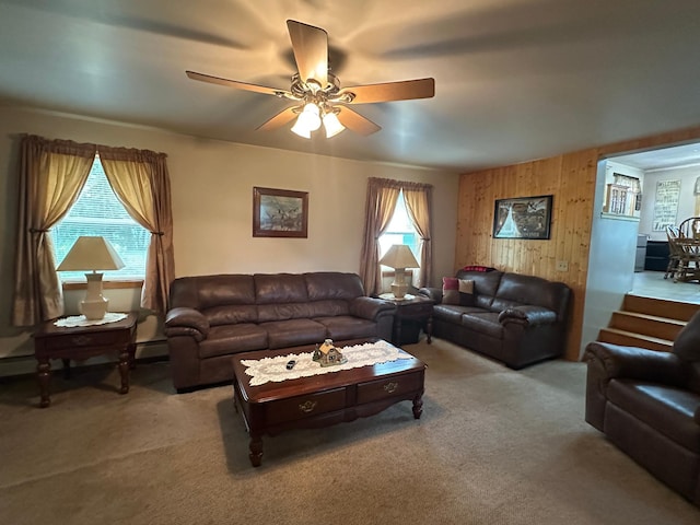 406 State 6 S, Remer, MN 56672 - carpeted living area with ceiling fan and wooden walls