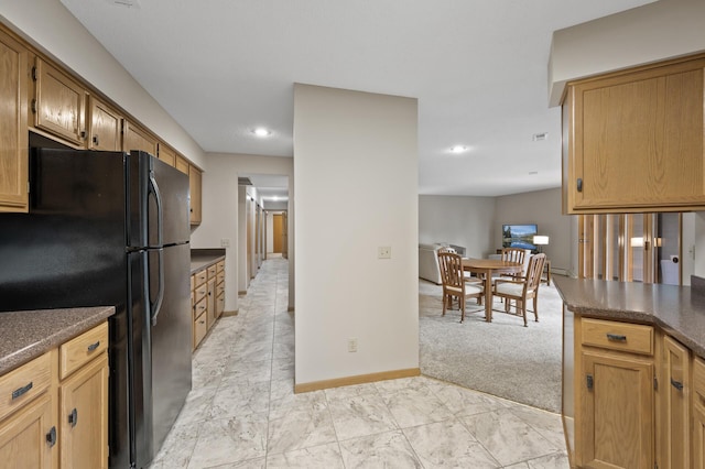 14575 Burma Ave W Unit 205, Rosemount, MN 55068 - kitchen with freestanding refrigerator, dark countertops, light marble finish floors, and recessed lighting